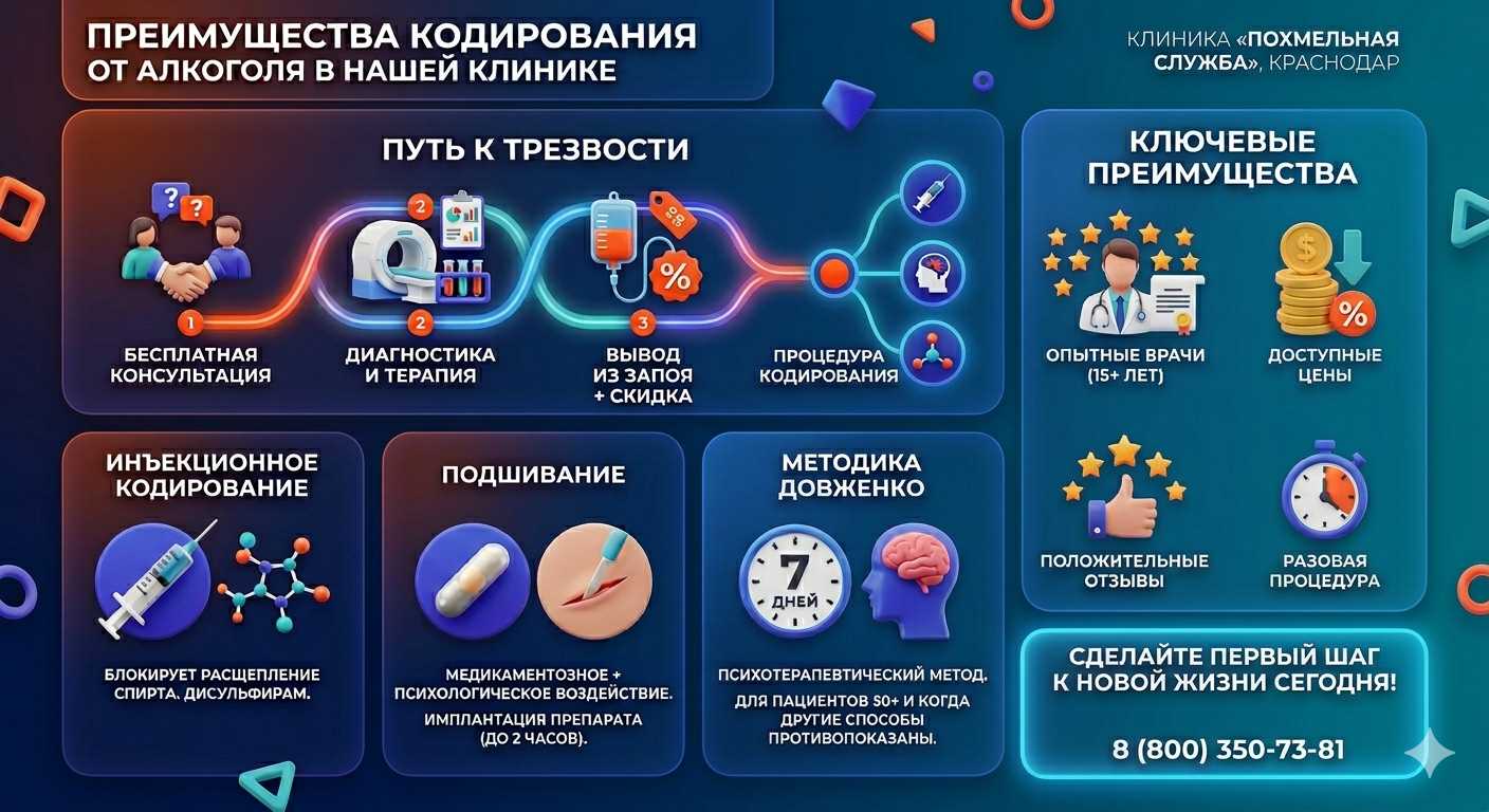 Инфографика о методах кодирования от алкоголя в Североуральске: инъекции, подшивание, метод Довженко. Преимущества клиники и этапы лечения.