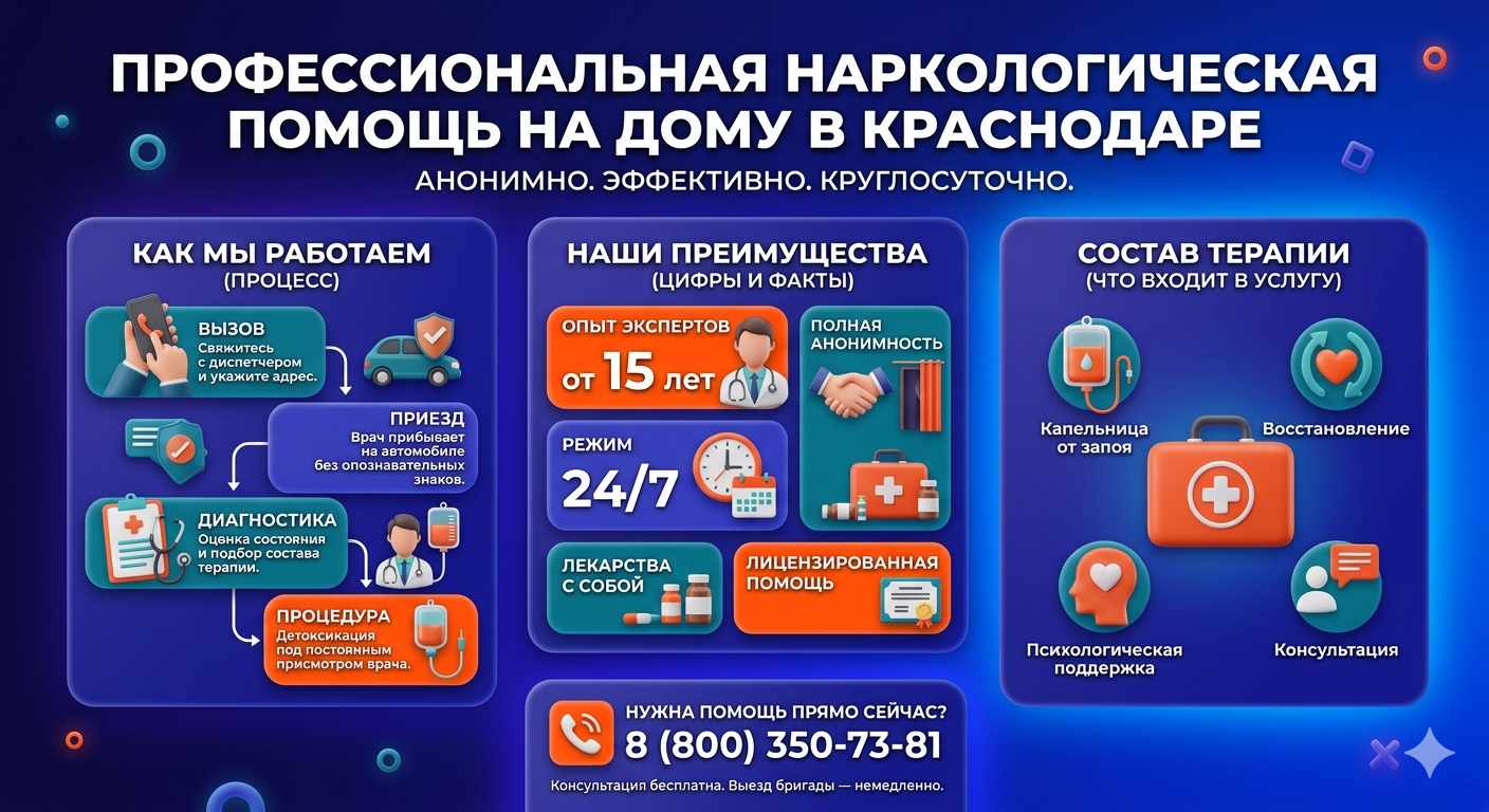 Инфографика о принципах лечения алкоголизма на дому в Североуральске: этапы вызова нарколога, преимущества анонимной детоксикации и состав медицинской помощи.